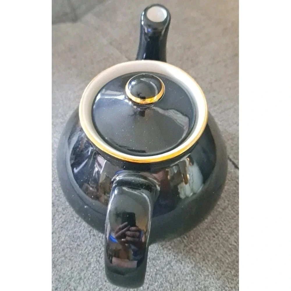 Vtg Hall China New York 2 Cup Teapot Deep‎ Navy Blue Gold Trim Made USA